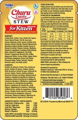 Show full view: Inaba Churu Entrée Kitten Chicken Recipe with Tuna Grain-Free, High Moisture, Prebiotic Stew Wet Cat Food, 1.76-oz pouch, 6 count slide 4 of 11