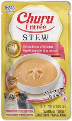 Show full view: Inaba Churu Entrée Chicken Recipe with Salmon Grain-Free, High Moisture, Prebiotic Stew Wet Cat Food, 1.76-oz pouch, 6 count slide 3 of 11