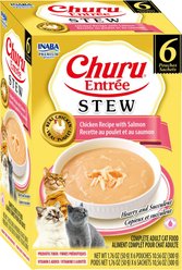 Inaba Churu Entrée Chicken Recipe with Salmon Grain-Free, High Moisture, Prebiotic Stew Wet Cat Food, 1.76-oz pouch, 6 count