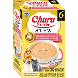 Inaba Churu Entrée Chicken Recipe with Salmon Grain-Free, High Moisture, Prebiotic Stew Wet Cat Food, 1.76-oz pouch, 6 count