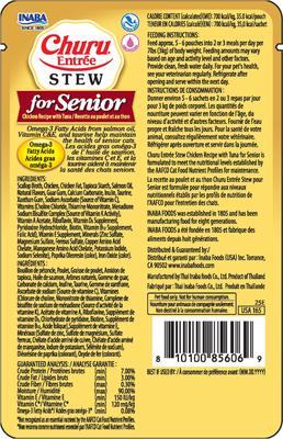 Show full view: Inaba Churu Entrée Senior Chicken Recipe with Tuna Grain-Free, High Moisture, Prebiotic Stew Wet Cat Food, 1.76-oz pouch, 6 count slide 4 of 11