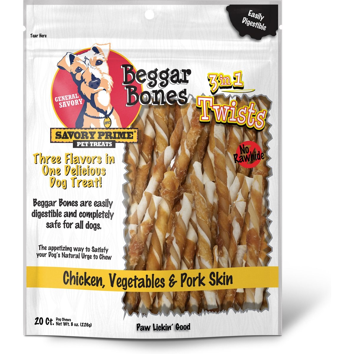 Savory Prime Beggar Bone Chicken Twist Sticks Rawhide-Free Dog Treats, 20 count