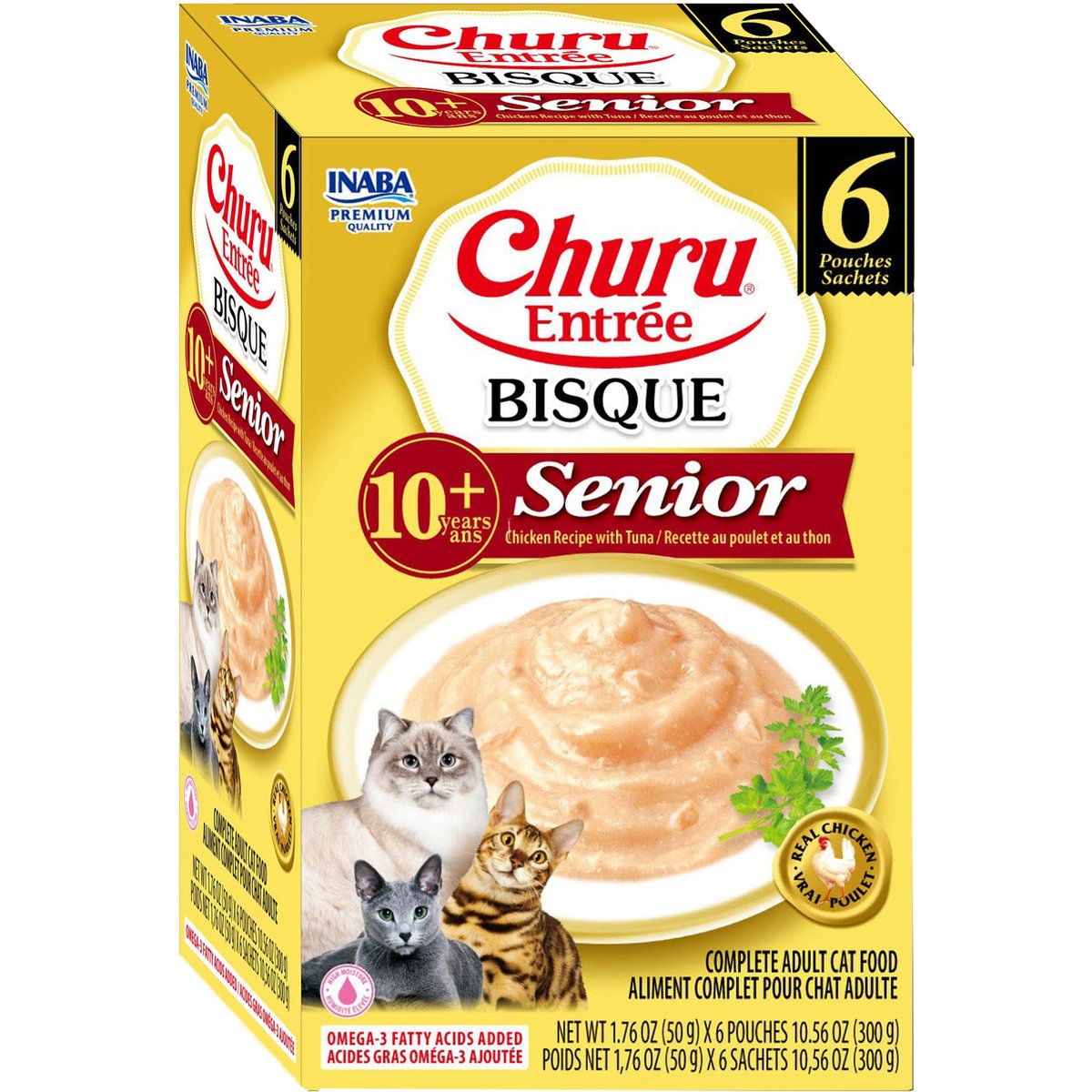Inaba Churu Entrée Senior Chicken Recipe with Tuna Bisque Grain-Free, High Moisture, Prebiotic Bits-in-Broth Wet Cat Food, 1.76-oz pouch, 6 count