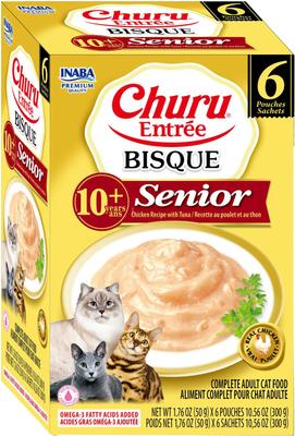 Inaba Churu Entrée Senior Chicken Recipe with Tuna Bisque Grain-Free, High Moisture, Prebiotic Bits-in-Broth Wet Cat Food, 1.76-oz pouch