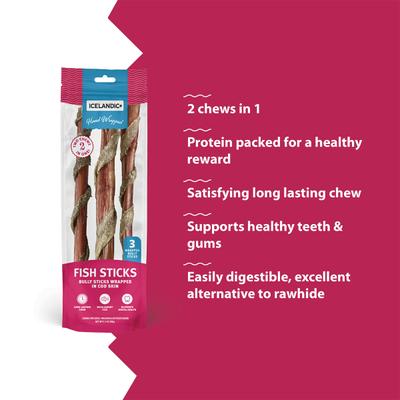 Show full view: Icelandic+ 12-in Bully Stick Wrapped with Fish Skin Dog Treats, 3 count slide 5 of 7