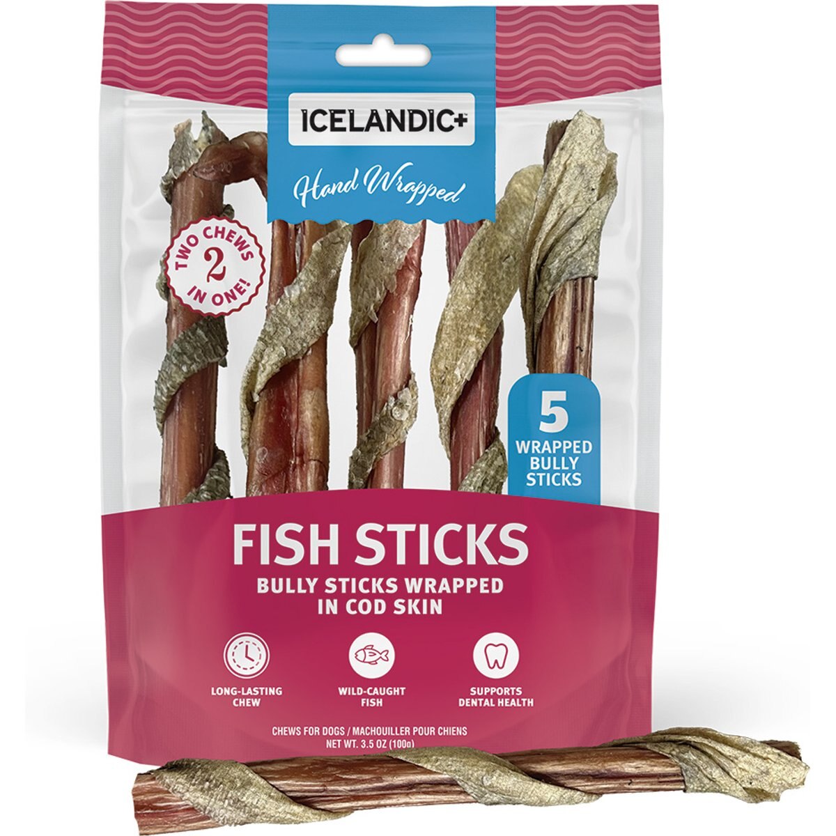Icelandic+ 6-in Bully Stick Wrapped with Fish Skin Dog Treats, 5 count