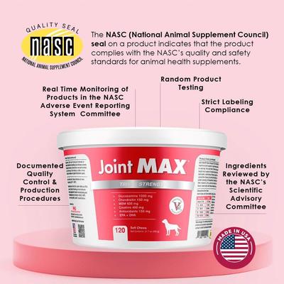Show full view: Joint MAX Triple Strength Soft Chews Hip Dysplasia & Arthritis, Glucosamine Supplement for Dogs, 120 count slide 10 of 14