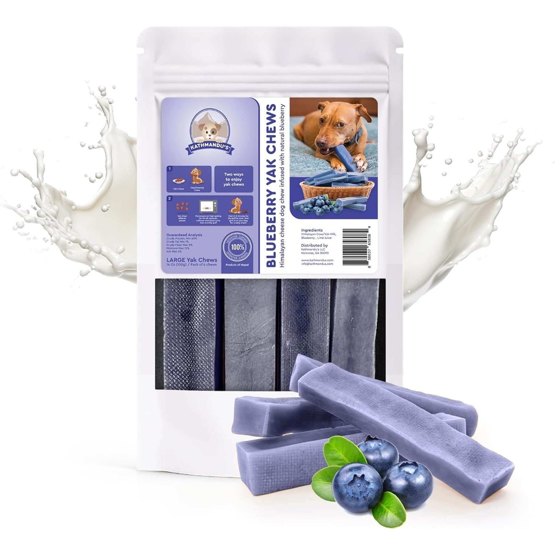 Kathmandus Blueberry Flavored Yak Dog Chew Treats, Large: 6-in, 4 count