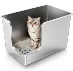 Ptlom Stainless Steel High Sided Low Entry Corner Cat Litter Box, 22.8 x 14.8 x 14.5-in