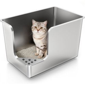 Ptlom Stainless Steel High Sided Low Entry Corner Cat Litter Box, 22.8 x 14.8 x 14.5-in