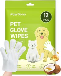 PawSono Portable Deodorizing Coconut Scented Dog & Cat Glove Grooming Wipes, 12 count