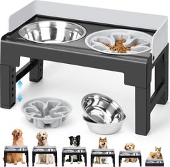 Yafylly 6-Height Adjustable Anti-Spill, Non-Slip Slow Feeder Dog Bowl Stand with Stainless Steel Bowls, Gray, Medium: 5-cup
