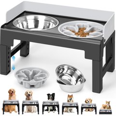 Yafylly 6-Height Adjustable Anti-Spill, Non-Slip Slow Feeder Dog Bowl Stand with Stainless Steel Bowls, Gray, Medium: 5-cup