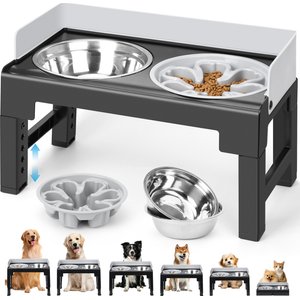 Yafylly 6-Height Adjustable Anti-Spill, Non-Slip Slow Feeder Dog Bowl Stand with Stainless Steel Bowls, Gray, Medium: 5-cup
