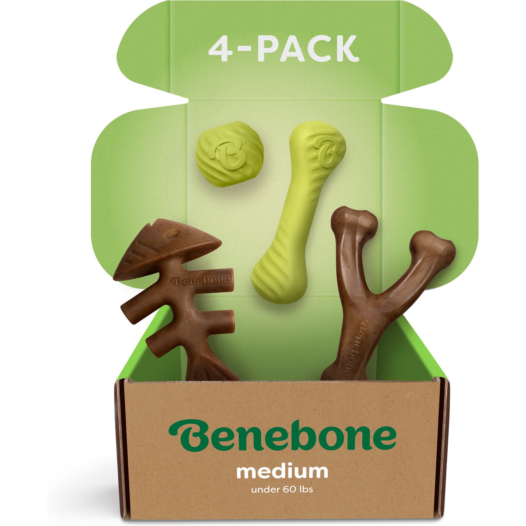 Benebone Chew & Chase Ball, Bone, Bacon Wishbone & Fishbone Dog Toys, Medium, 4 count