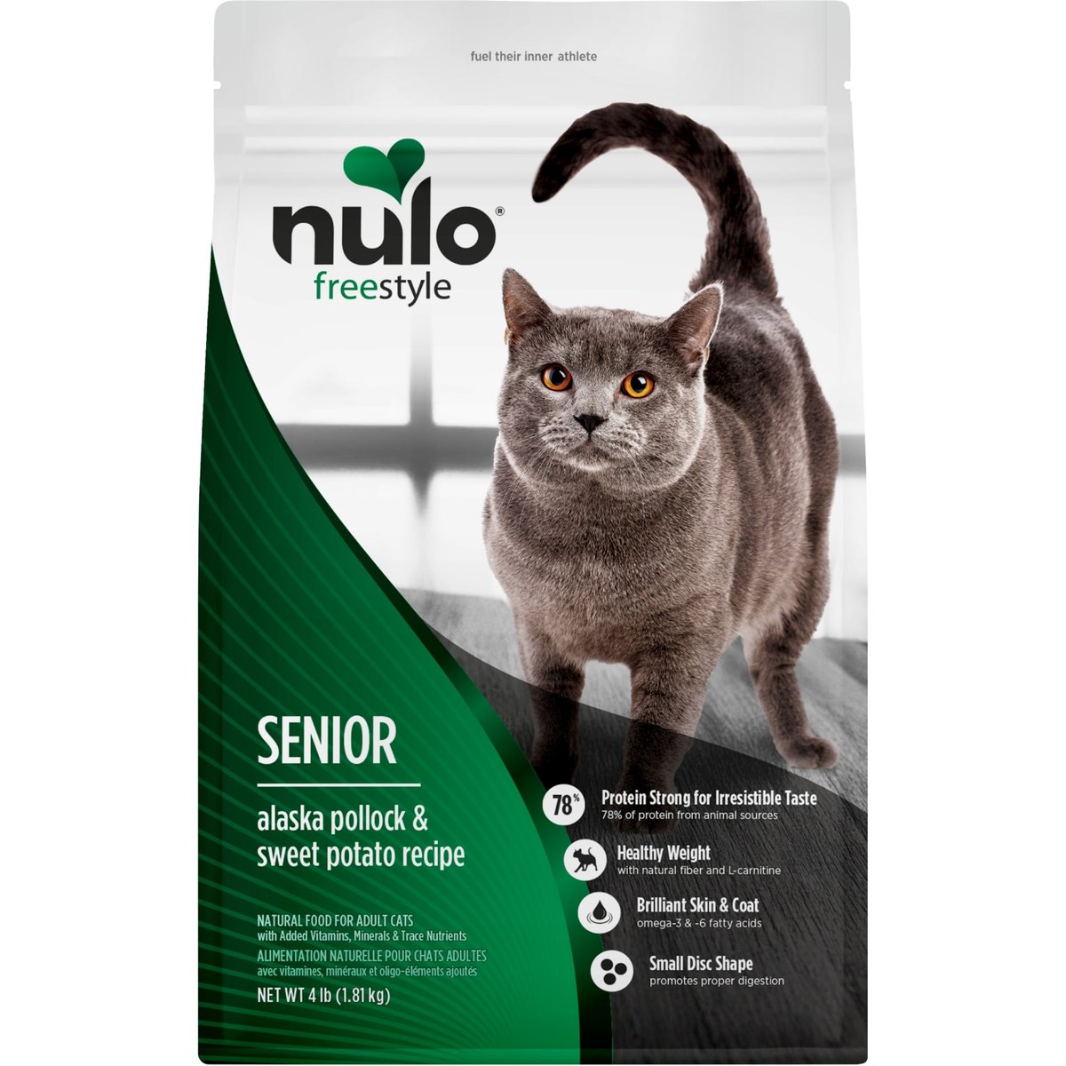 Nulo FreeStyle Alaska Pollock & Sweet Potato Recipe with Omega Fatty Acids High Protein & Natural Grain-Free Senior Dry Cat Food, 4-lb bag