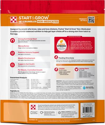 Show full view: Purina Start & Grow Non-Medicated 18% Protein Crumbles Chick Feed, 5-lb bag slide 2 of 10