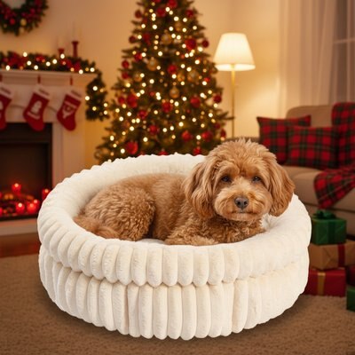 Kylinsure Kylinsure Super Soft Plush Faux Fur Orthopedic Round Dog & Cat Bed with Anti-Slip Bottom, Cream, Medium: 24-in