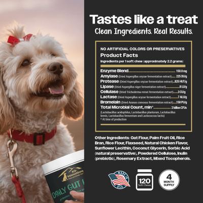 Show full view: K9 Innovations Probiotic Daily Chicken Flavored Gut Health Chew Digestive Supplement for Dogs, 120 count slide 3 of 9