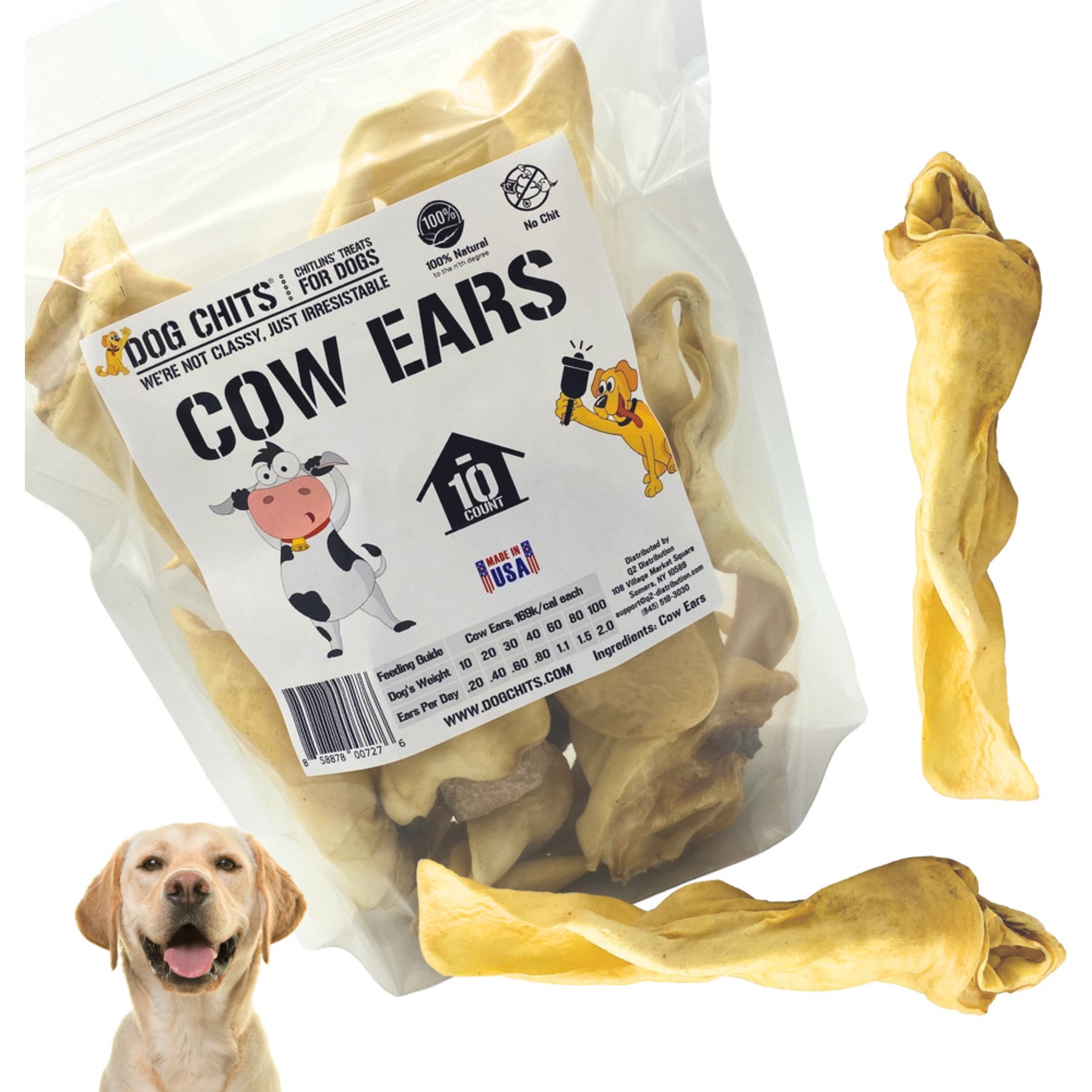 Dog Chits Full Cow Ears Dog Natural Chew Treats, 10 count