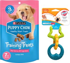 Nylabone Teething Rings Puppy Chew Toy & Puppy Chow Healthy Start Salmon Flavor Training Dog Treats