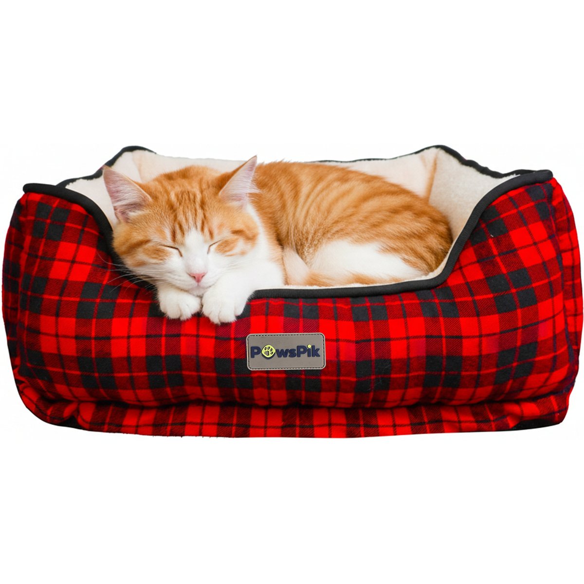 PawsPik Cozy Fleece & Plush Cat & Dog Orthopedic Bolster Bed, Red Flannel