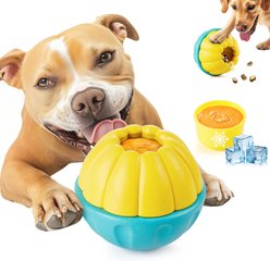 Potaroma Frozen Treat Enrichment Ball Interactive Durable & Safe Puppy Chew Toy Slow Feeder Food Dispenser Dog Toy, Green/Yellow, 4-in