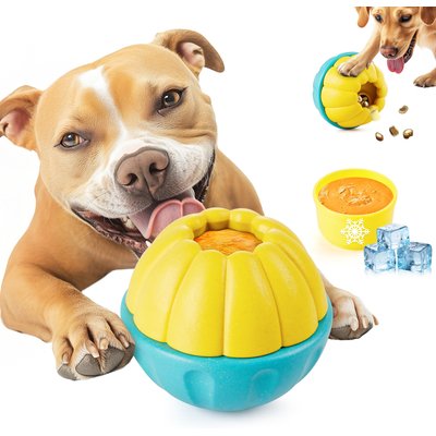 Potaroma Potaroma Frozen Treat Enrichment Ball Interactive Durable & Safe Puppy Chew Toy Slow Feeder Food Dispenser Dog Toy, Green/Yellow, 4-in