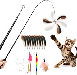 Potaroma Carbon Fiber Lightweight Retractable Interactive Feather Teaser Stick with 9 Detachable Feathers Cat Wand Toy, Multi-color
