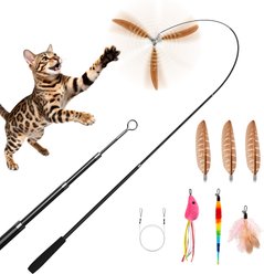 Potaroma Carbon Fiber Lightweight Retractable Interactive Feather Teaser Stick with 6 Detachable Feathers Cat Wand Toy, Multi-color