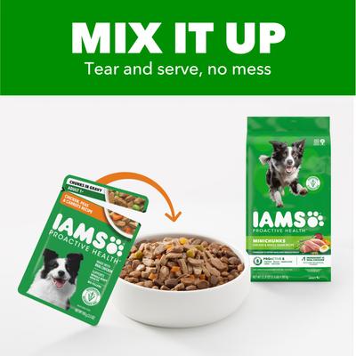 Show full view: Iams Proactive Health Adult Chicken, Peas & Carrots Recipe Wet Dog Food, 3.5-oz pouch, case of 16 slide 6 of 10