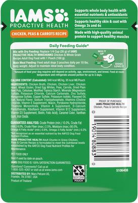 Show full view: Iams Proactive Health Adult Chicken, Peas & Carrots Recipe Wet Dog Food, 3.5-oz pouch, case of 16 slide 3 of 10