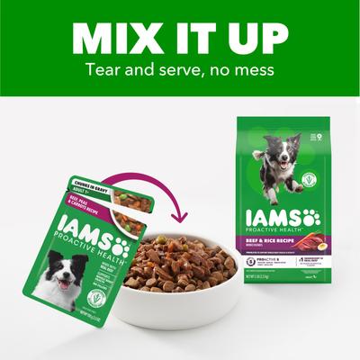 Show full view: Iams Proactive Health Adult Beef, Peas & Carrots Recipe Wet Dog Food, 3.5-oz pouch, case of 16 slide 6 of 10