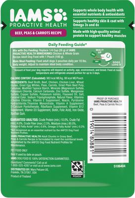 Show full view: Iams Proactive Health Adult Beef, Peas & Carrots Recipe Wet Dog Food, 3.5-oz pouch, case of 16 slide 3 of 10