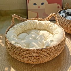 NonoPets Handwoven Rattan Natural Wicker Basket Cat Bed with Soft Cushion, Medium