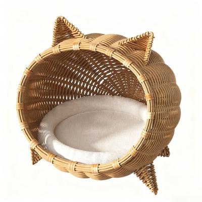 Show full view: NonoPets Handwoven Cozy Dome House Rattan with Ears Cat Bed with Soft Cushion slide 4 of 6