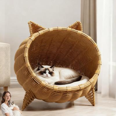 Show full view: NonoPets Handwoven Cozy Dome House Rattan with Ears Cat Bed with Soft Cushion slide 2 of 6