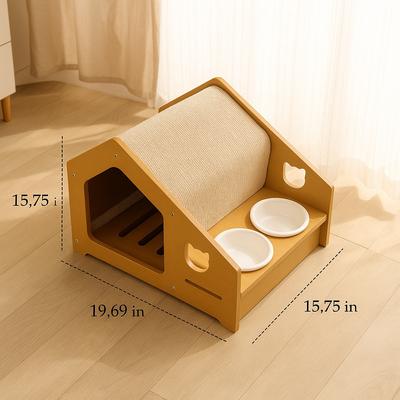 Show full view: NonoPets 2-in-1 Wooden Cat House with Feeding Station with Scratch Roof & Food Bowls slide 5 of 5