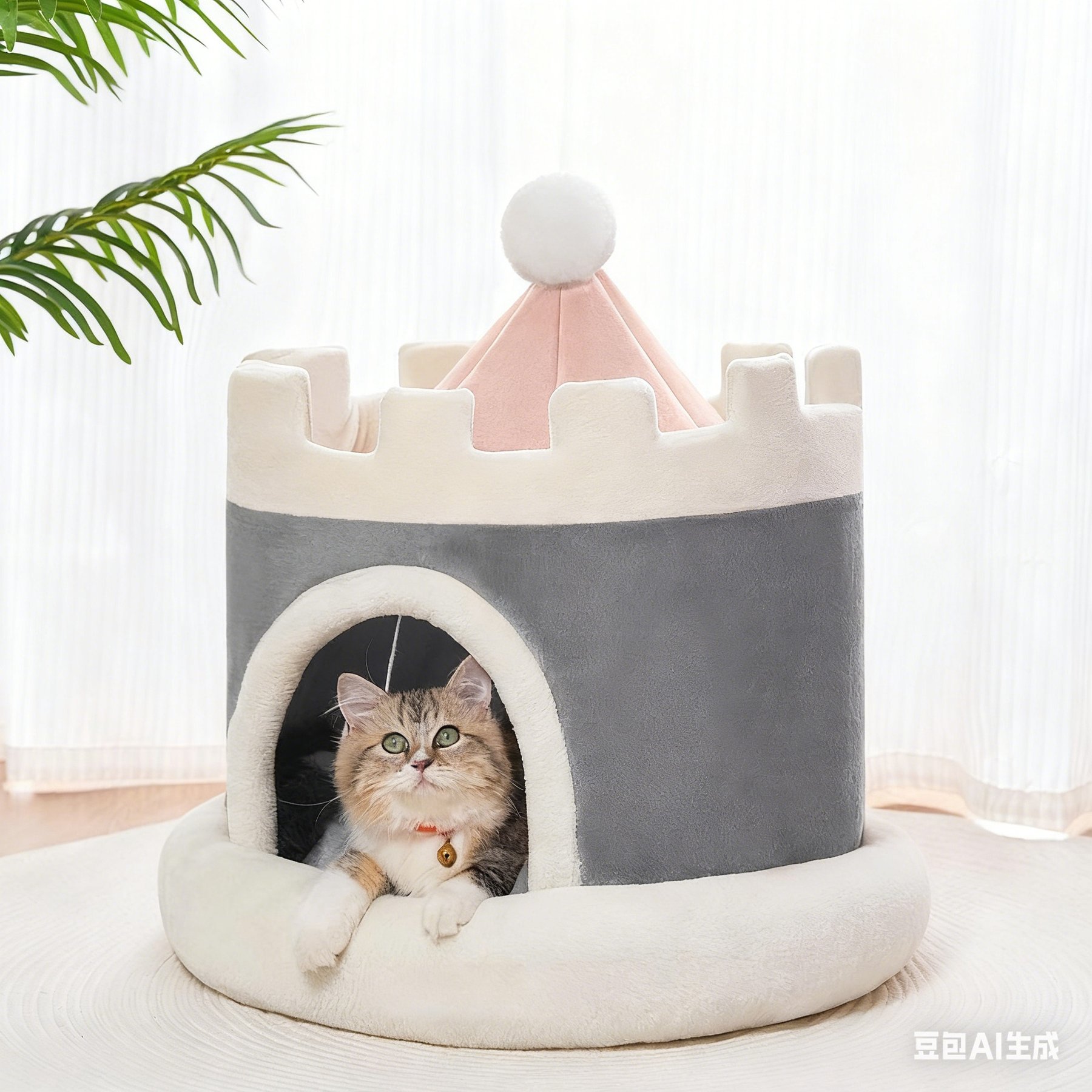 NonoPets Castle-Shaped Plush House Soft Fortress Bed for Small Dogs & Cats, Grey, Large