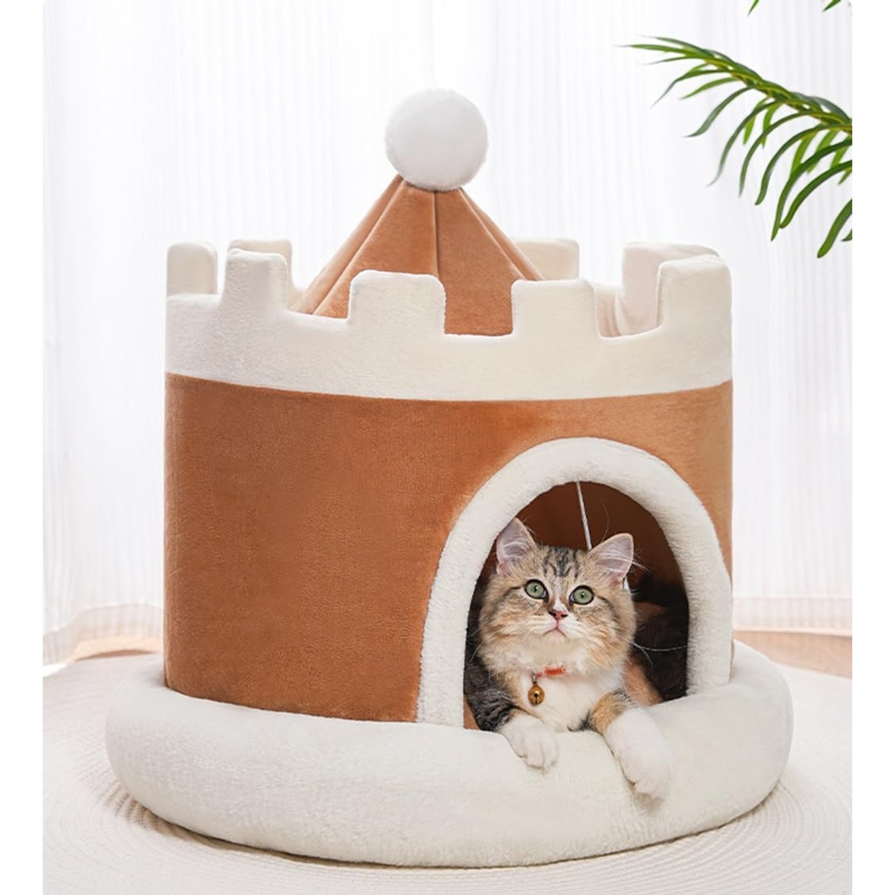 NonoPets Castle-Shaped Plush House Soft Fortress Bed for Small Dogs & Cats, Brown, Medium