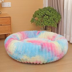 NonoPets Round Faux Fur Corduroy Fleece & Anti Slip Bottom Donut Dog & Cat Bed with Washable Removable Cover, Rainbow, 48-in