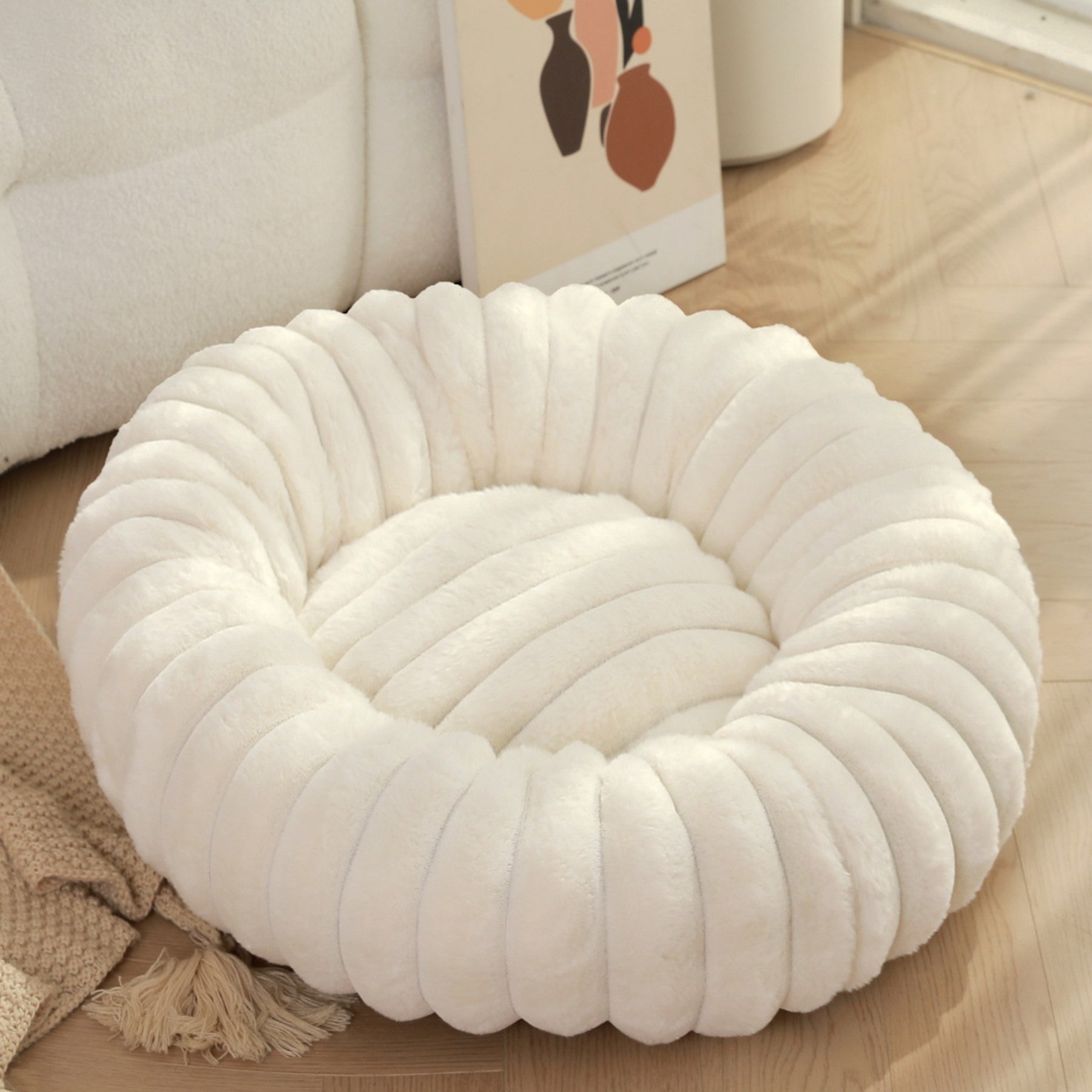 NonoPets Round Faux Fur Corduroy Fleece & Anti Slip Bottom Donut Dog & Cat Bed with Washable Removable Cover, White, 24-in