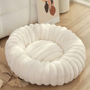 NonoPets Round Faux Fur Corduroy Fleece & Anti Slip Bottom Donut Dog & Cat Bed with Washable Removable Cover, White, 24-in