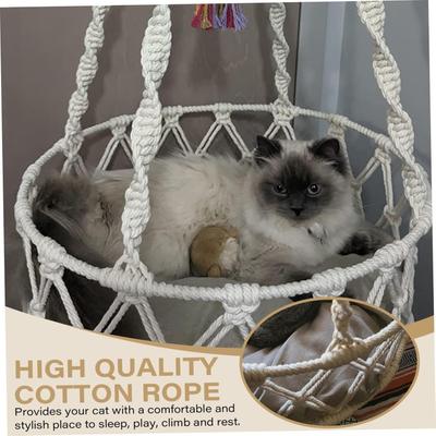 Show full view: NonoPets Macrame Hanging Hammock Handwoven Cat Bed Boho Rope Swing with Cushion, Small slide 3 of 7