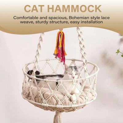 Show full view: NonoPets Macrame Hanging Hammock Handwoven Cat Bed Boho Rope Swing with Cushion, Small slide 4 of 7