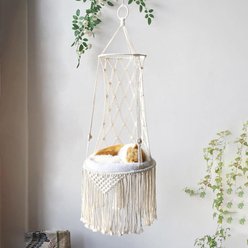 NonoPets Macrame Hanging Hammock Boho Rope Swing Cat Bed with Plush Cushion, Small