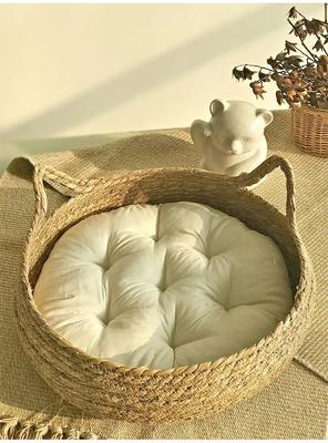 Show full view: NonoPets Handwoven Rattan Natural Wicker Basket Cat Bed with Soft Cushion, Medium slide 5 of 5