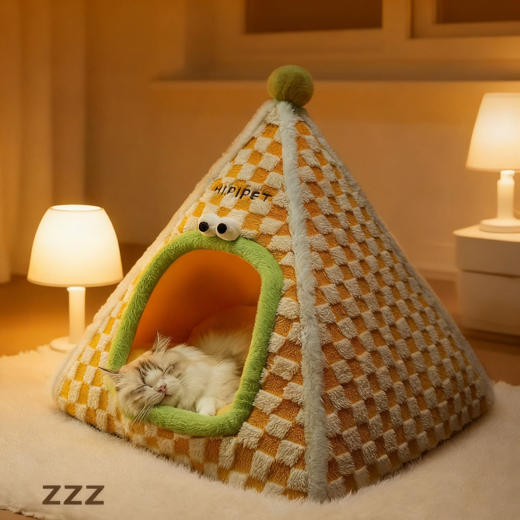 NonoPets Plaid Pyramid House Warm Plush Enclosed Cat Bed with Cozy Cushion, Medium