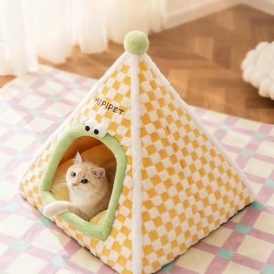 Show full view: NonoPets Plaid Pyramid House Warm Plush Enclosed Cat Bed with Cozy Cushion, Small slide 3 of 4