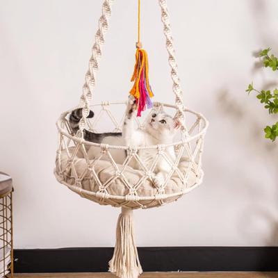 Show full view: NonoPets Macrame Hanging Hammock Handwoven Cat Bed Boho Rope Swing with Cushion, Small slide 7 of 7
